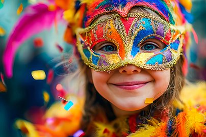 Mädchen in buntem Faschingskostüm, Harlekinmütze und venezianischer Maske