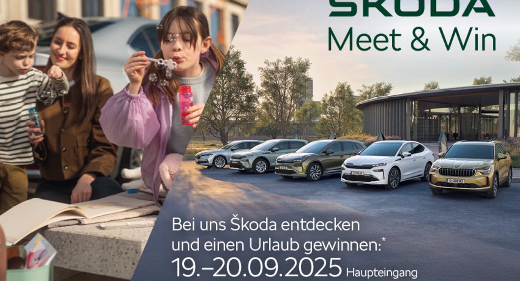 Bild für Ankündigung Skoda Meet & Win mit Ausstellung Autos und einer jungen Familie die Seifenblasen fliegen lässt