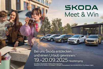 Bild für Ankündigung Skoda Meet & Win mit Ausstellung Autos und einer jungen Familie die Seifenblasen fliegen lässt