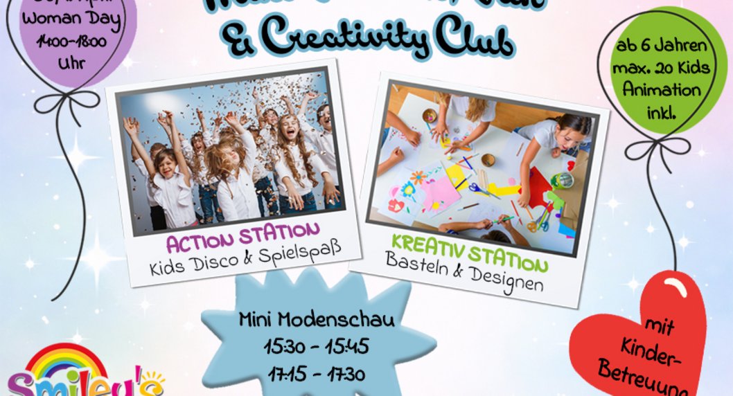 lachende und bastelnde Kinder repräsentieren bei Smileys Play Garden die Action und Kreativ Station