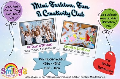 lachende und bastelnde Kinder repräsentieren bei Smileys Play Garden die Action und Kreativ Station