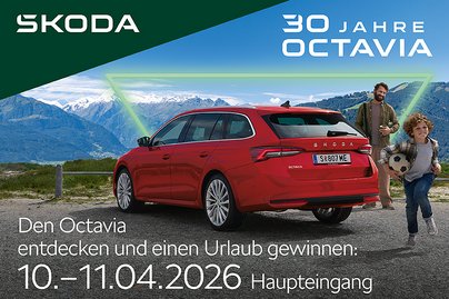 Rotes Auto vor gebirgiger Kulisse mit blauem Himmel laufendem Kind und Mann im Hintergrund