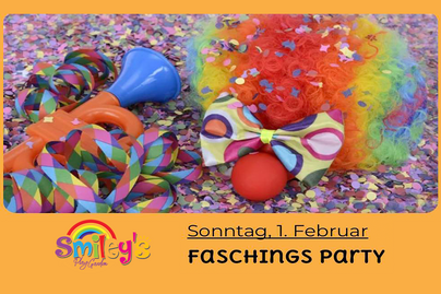Ankündigung Faschings Party in Smileys Play Garden in Gelb mit Clownsperücke