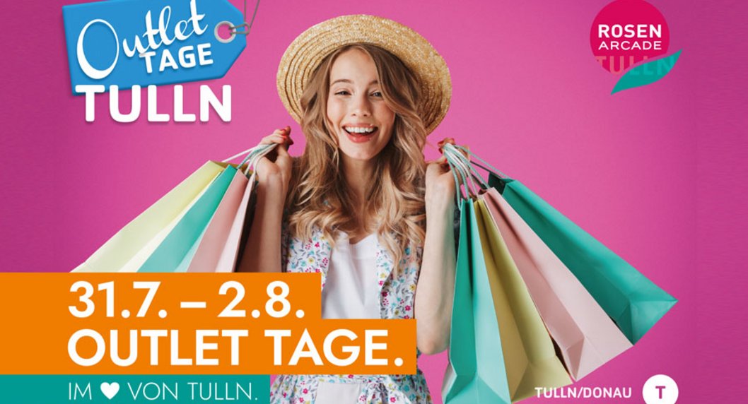 lachendes Mädchen mit Strohhut und vielen Shoppingtüten wirbt für die Outlet Tage in Tulln