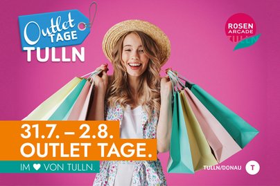 lachendes Mädchen mit Strohhut und vielen Shoppingtüten wirbt für die Outlet Tage in Tulln