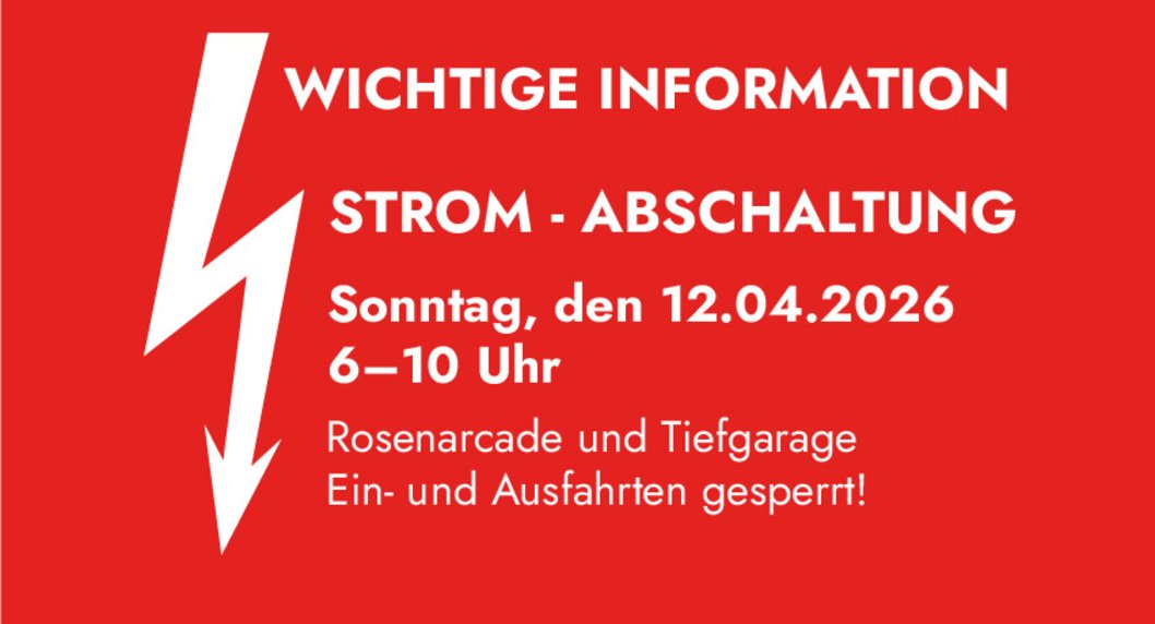 Wichtige Information Stromabschaltung weiße Schrift auf rotem Grund mit weißem Blitz