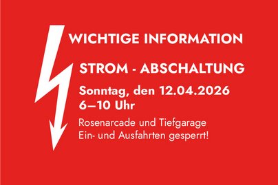 Wichtige Information Stromabschaltung weiße Schrift auf rotem Grund mit weißem Blitz