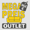 Worte MEGA PREIS in gelb, eine Sofa in Gelb davor und OUTLET in weiß in einem frauen Feld