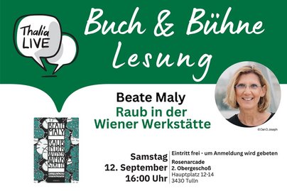 Ankündigung Buch & Bühne Lesung Beate Maly bei Thalia in grün weiß gehalten