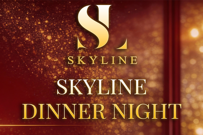festliches Bild baun-goldene Ankündigung mit Logo für Skyline Dinner Night