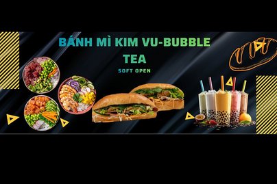 diverse Speisen von Kim Vu Banh Mi und Bubble Tea auf schwarzem Hintergrund