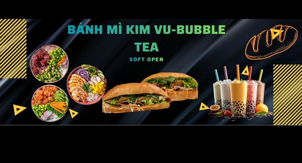 diverse Speisen von Kim Vu Banh Mi und Bubble Tea auf schwarzem Hintergrund