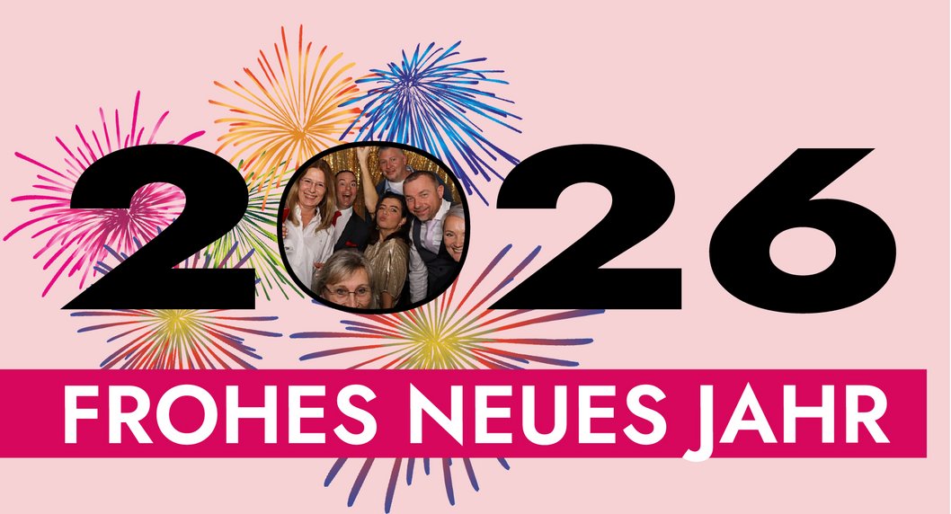 2026 auf rosa Hintergrund mit symbolisches Feuerwerk und ein Fotos des Teams