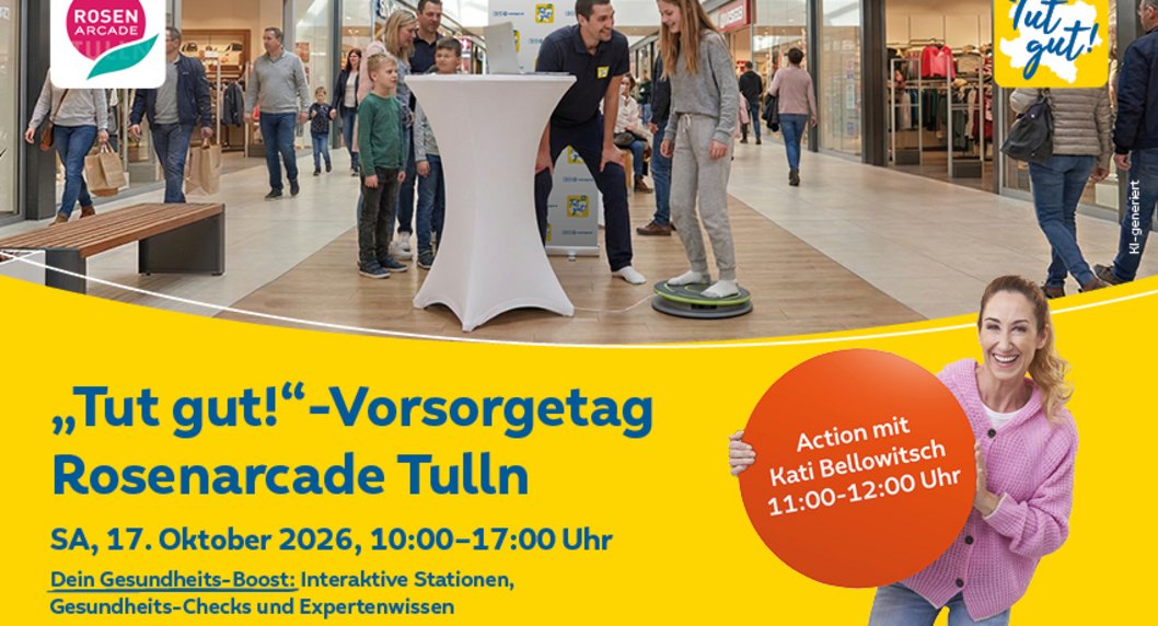 Ankündigung Tut Gut Vorsorgetag vorwiegend in gelb gehalten