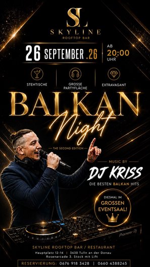 Schwarz-golden Plakat Ankündigung DJ Kriss für Balkan Night