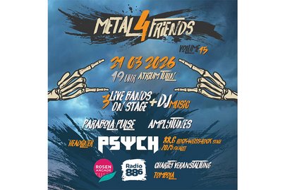 Ankündigung Metal for Friends Konzert mit Skelett Händen und weißer oranger Schrift