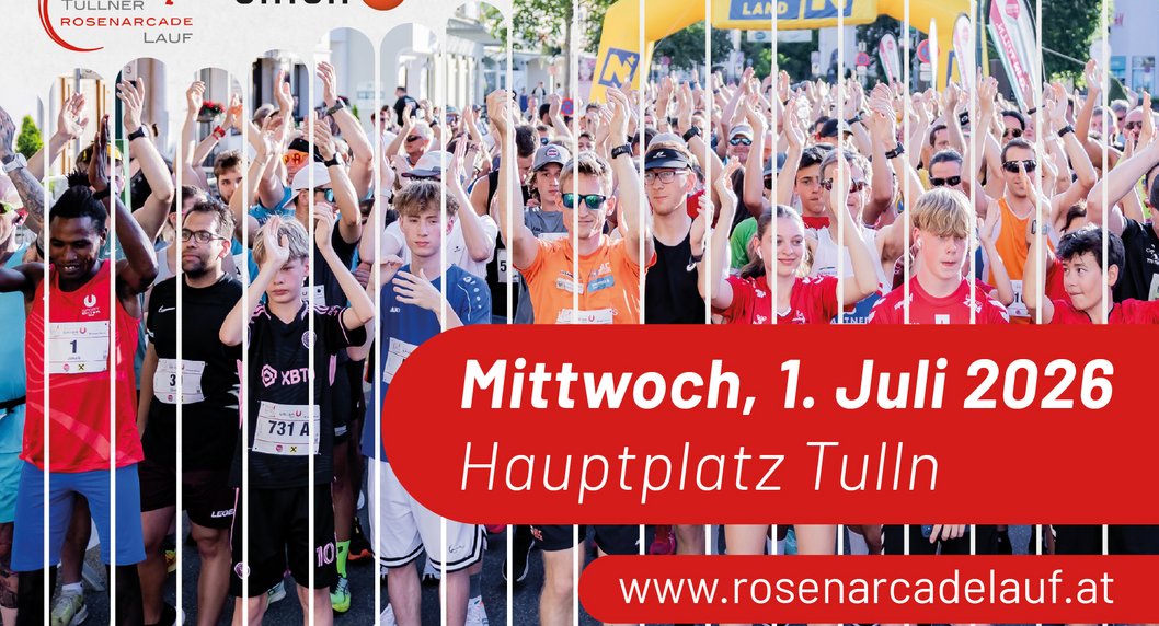 Ankündigung Rosenarcade Lauf jubelnde Menschen Logos von Sportunion