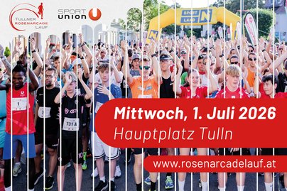 Ankündigung Rosenarcade Lauf jubelnde Menschen Logos von Sportunion
