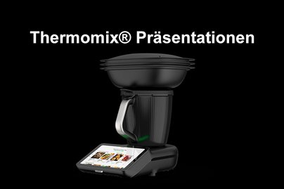 schwarzes Thermomixgerät auf schwarzem Hintergrund Ankündigung der regelmäßigenPräsentation