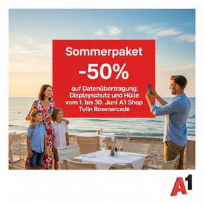 A1 Werbung, Familie am Strand, halten Aktionstafel in der Hand