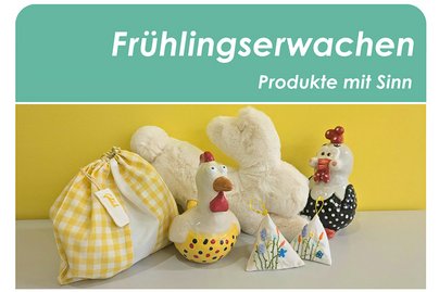 Frühlingserwachen mit selbgemachten weißen Plüsch Huhn und Hase und Stoffbeutel in gelb