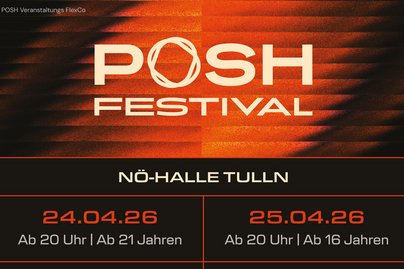 Ankündigung POSH Festival auf orange schwarzen Hintergrund 