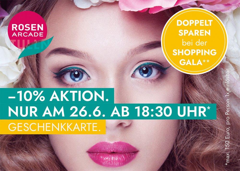 Aktionshinweis -10% Shoppingkarte mit Frauengesicht und rosa Lippen