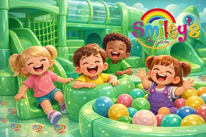 KI generiertes Bild mit lachenden Kindern in einem Indoorspielplatz und Bälle Becken vorwiegend alles in grün