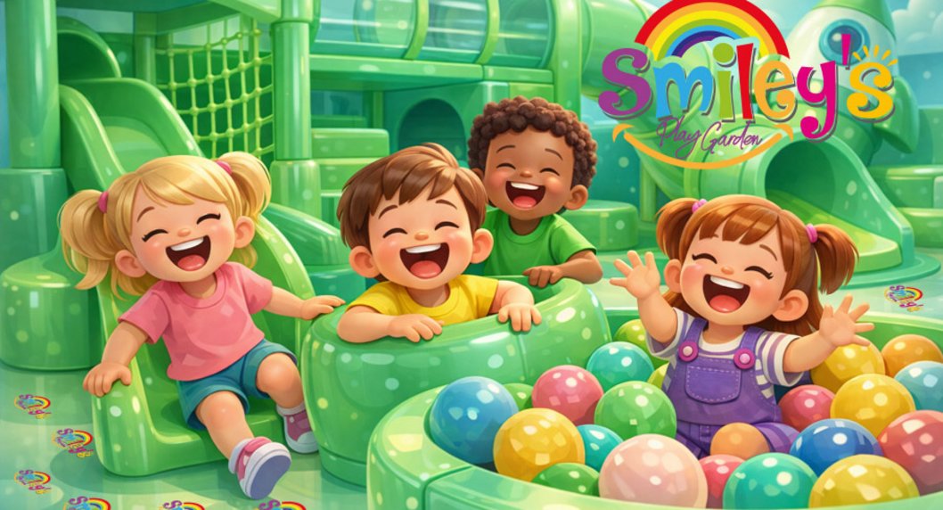 KI generiertes Bild mit lachenden Kindern in einem Indoorspielplatz und Bälle Becken vorwiegend alles in grün