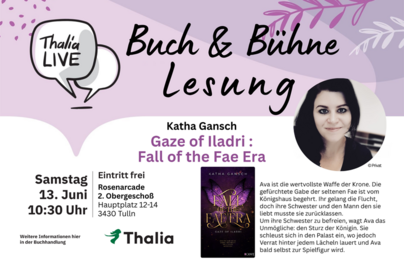 Ankündigung Adult-Lesung bei Thalia neutral in Fliederton und weiß gehalten mit Foto von Autorin