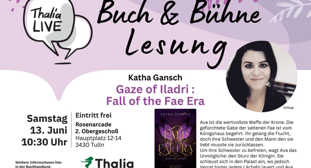 Ankündigung Adult-Lesung bei Thalia neutral in Fliederton und weiß gehalten mit Foto von Autorin