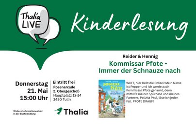 Thalia Kinderlesung grüner Balken oben mit weißer Schrift Bild vom Buch grüne und schwarze Schrift