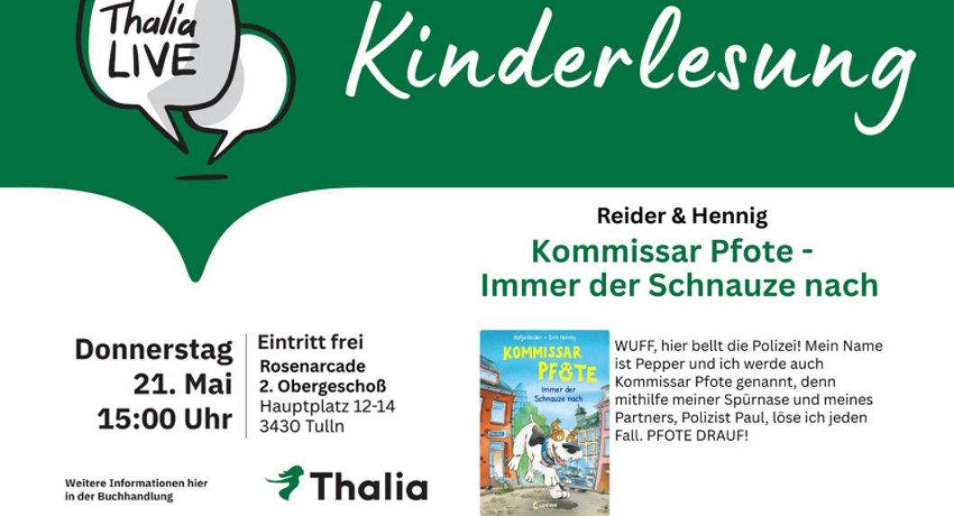 Thalia Kinderlesung grüner Balken oben mit weißer Schrift Bild vom Buch grüne und schwarze Schrift