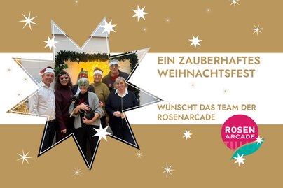 Frohe Weihnachten vom Team der Rosenarcade mit Foto und weiß golden gehalten