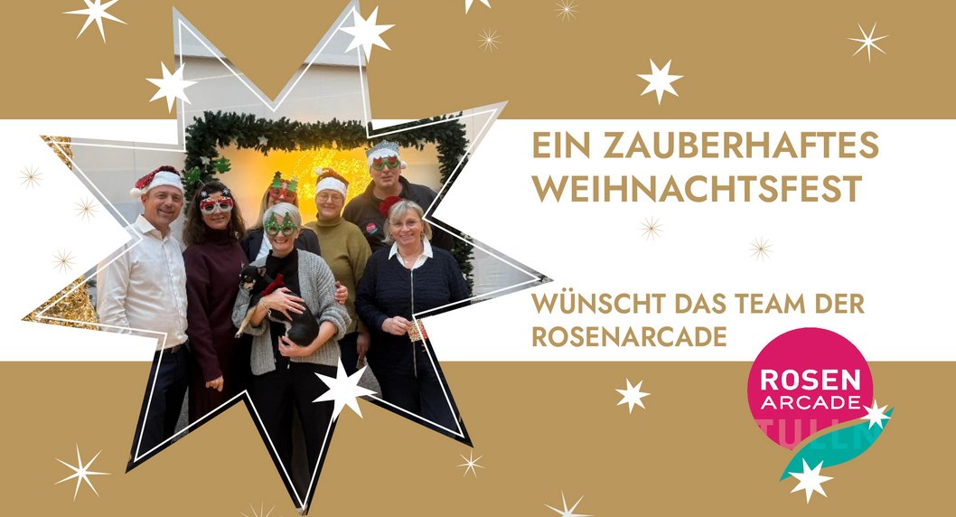 Frohe Weihnachten vom Team der Rosenarcade mit Foto und weiß golden gehalten