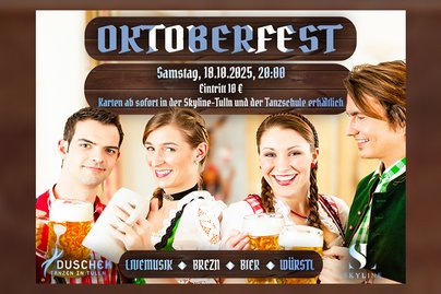 Oktoberfestankündigung bei Skyline Trachten blaue weiße Schrift