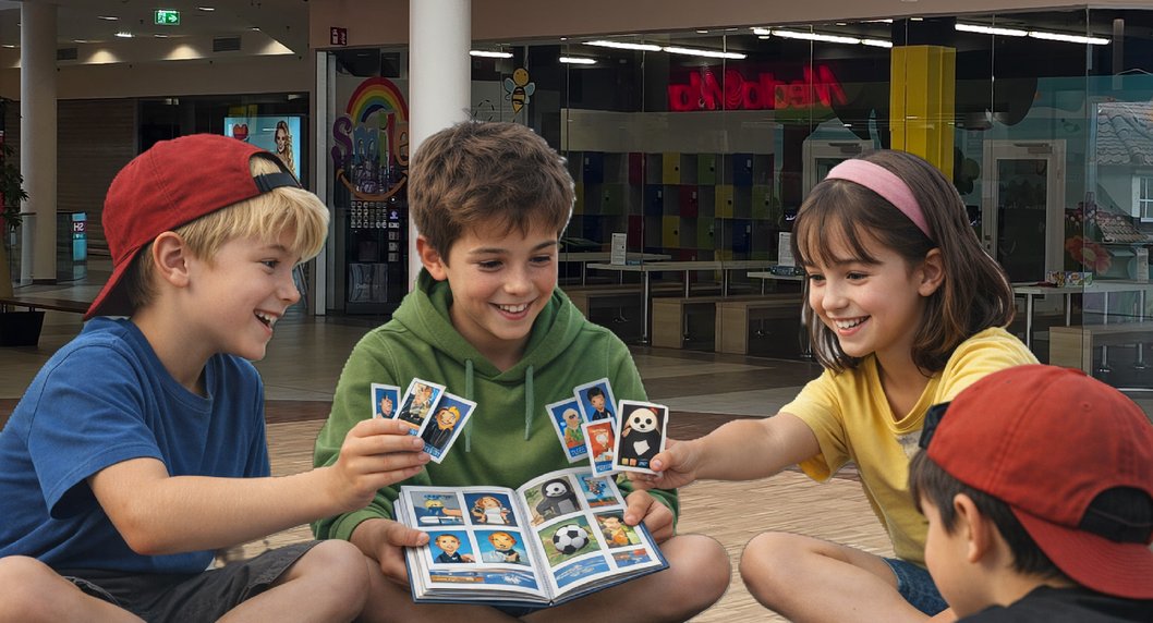KI generiertes Bild mit 4 Kinder im 2OG der Rosenarcade und Tauschen Sticker von einem Album