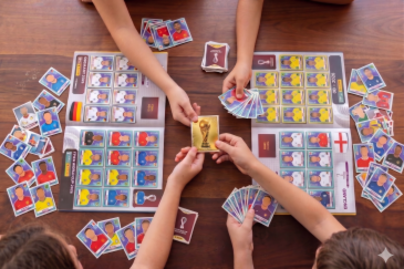 KI generiertes mit 4 Kinderarme, welche Sticker über einem Album halten und tauschen