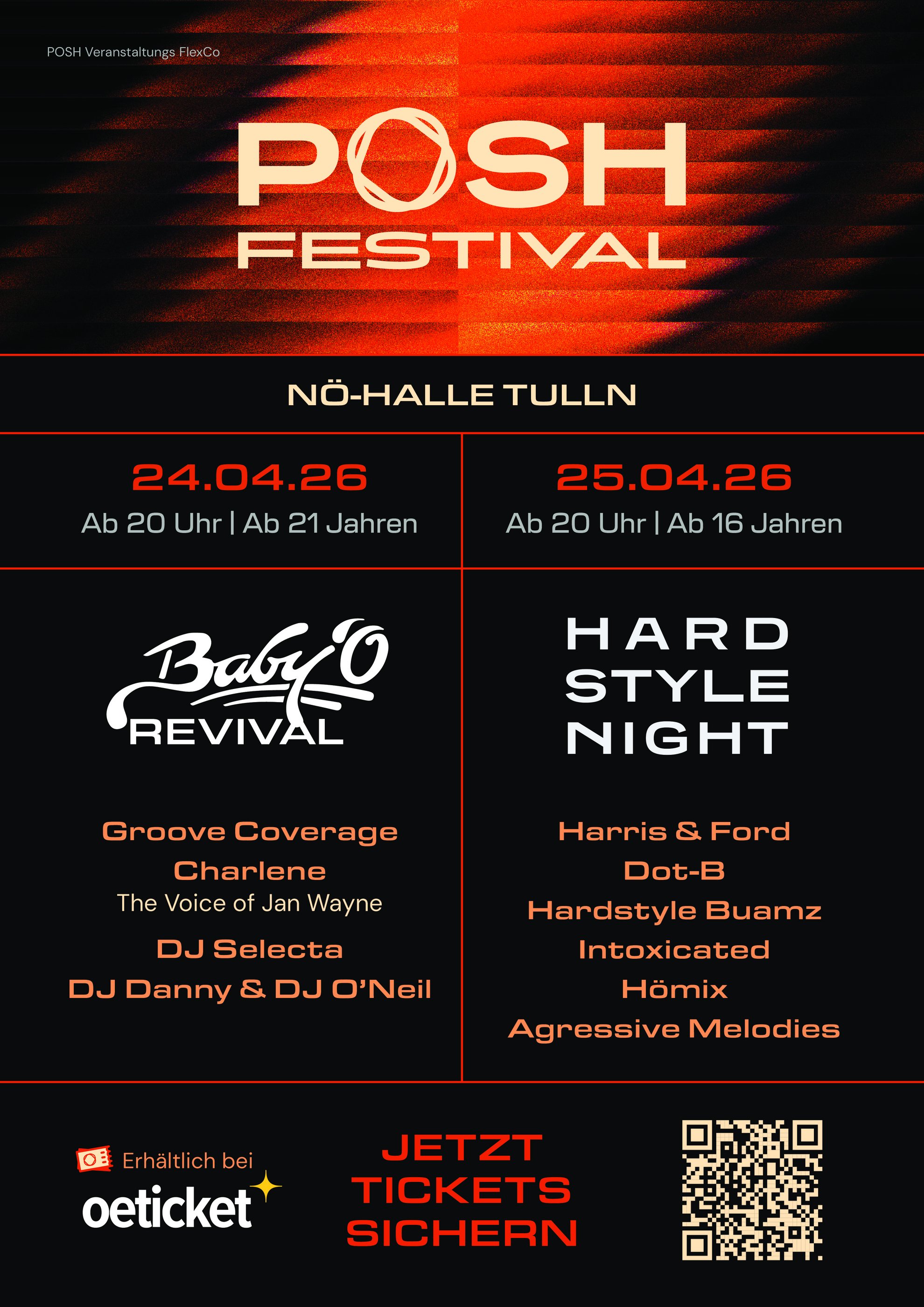 Ankündigung Plakat POSH Festival weiße Schrift auf orange schwarzem Grund