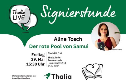 Ankündigung Signierstunde bei Thalia neutral in grün weiß gehalten