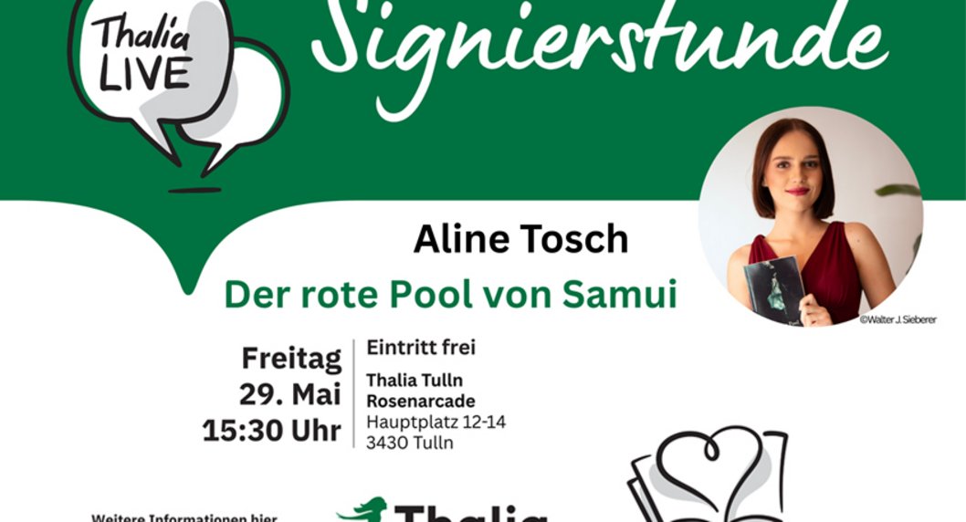 Ankündigung Signierstunde bei Thalia neutral in grün weiß gehalten