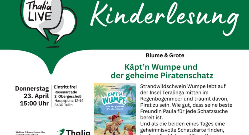 Thalia Kinderlesung grüner Balken oben mit weißer Schrift Bild vom Buch grüne und schwarze Schrift