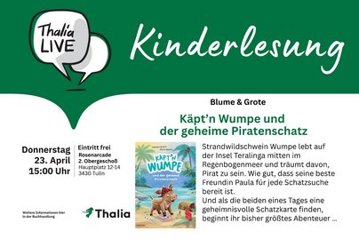 Thalia Kinderlesung grüner Balken oben mit weißer Schrift Bild vom Buch grüne und schwarze Schrift