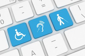 Barrierefreiheitserklärung - Tastatur mit Rollstuhl, Ohr und Gehstock