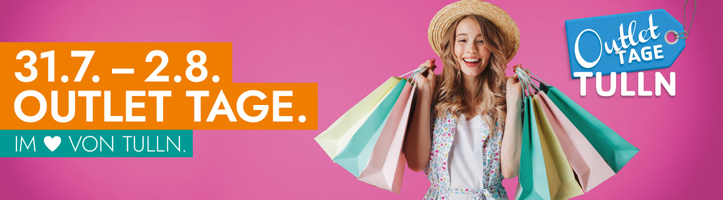 lachendes Mädchen mit Strohhut und vielen Shoppingtüten wirbt für die Outlet Tage in Tulln
