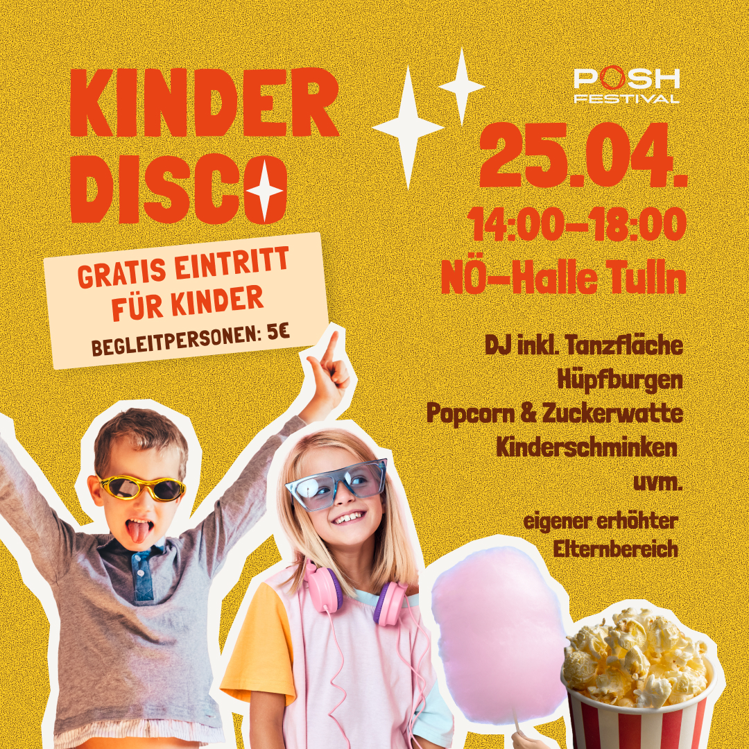 Ankündigung 25.04. Kinder Disco cooler Bub und Mädchen rote Schrift auf gelbem Hintergrund